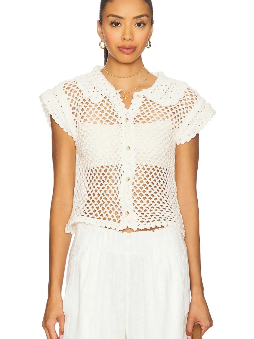 Free People Cream Crochet Button-Front Short Sleeve Top